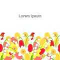 Lily of the valley, tulip, daffodil in horisontal seamless background, Lorem Ipsum. Art spring red, pink